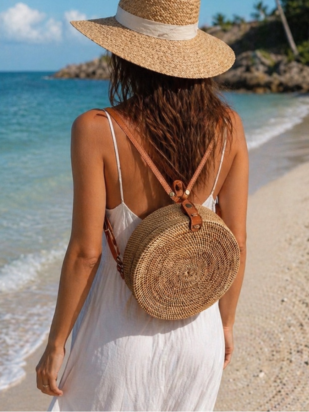 Handmade Rattan Leather Backpack Snap Top Boho Woven Beach Summer Travel Brown